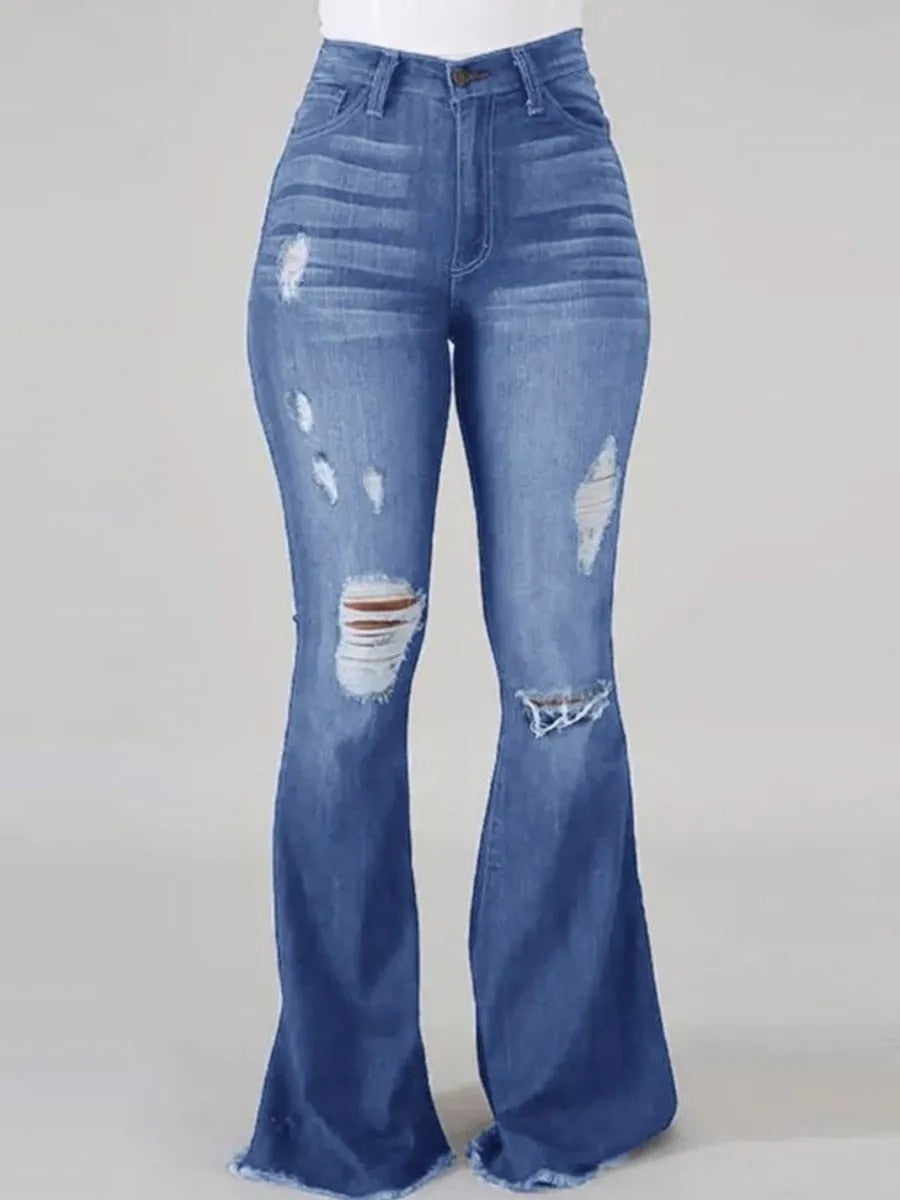 LW Plus Size High Stretchy Ripped Flared Jeans Zipper Fly Floor Length Casual S image 3