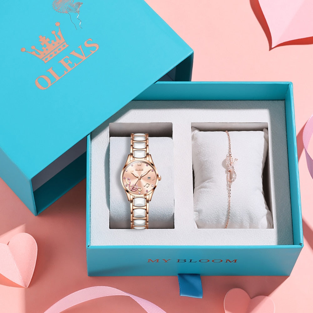 OLEVS Women Wrist Watches Rose Gold Elegant Ceramic Watchstrap Ladies image 4