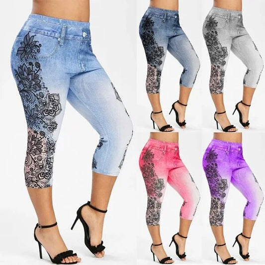 Women's Printed Denim Sportswear Leggings Oversized Hip Lifting Yoga Pants Plus image 0