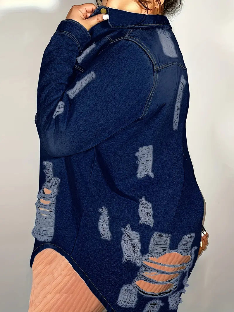 Women Solid Color Stylish Button-down Denim Shirt Ripped Pocket Long-sleeved De image 2