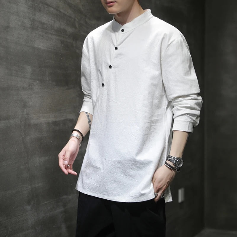 Mens Chinese Style Hemp Shirt Cotton Linen Tang Suit Hanfu Retro Stand-Up Colla image 4