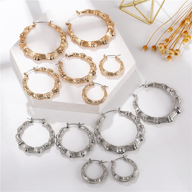 FNIO Statement Gold Color Big Bamboo Circle Hoop Earrings For Women Hip Hop Ear image 32