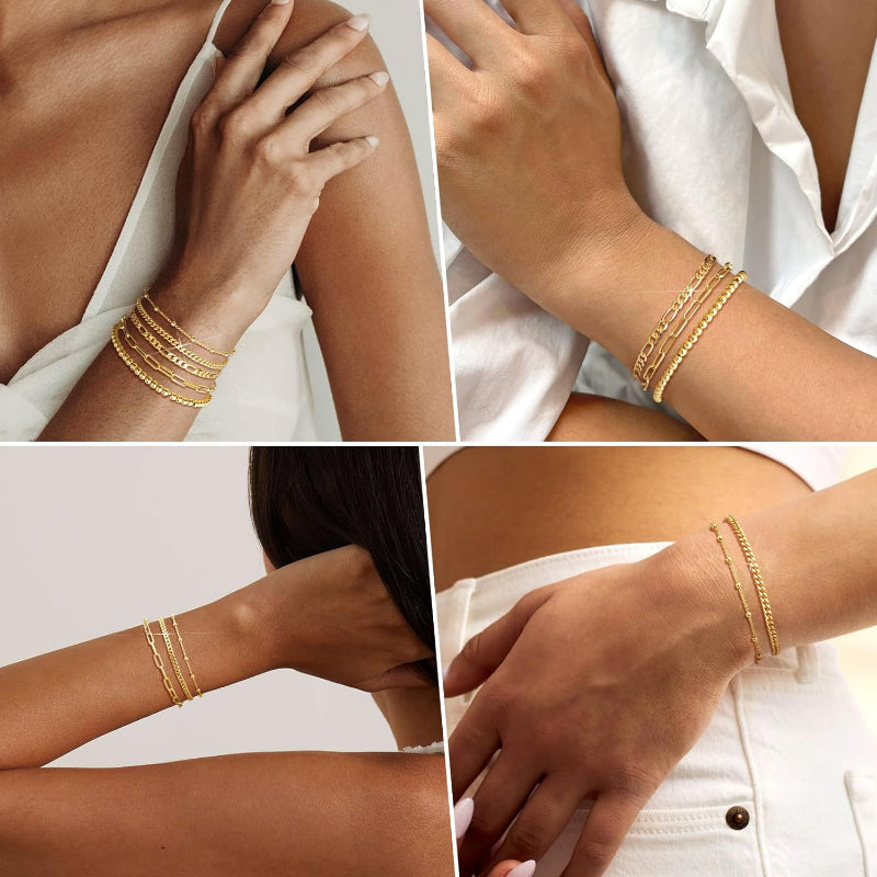14K Gold Plated Stainless Steel Bracelet Set Waterproof Paperclip Chain Cuban L image 2