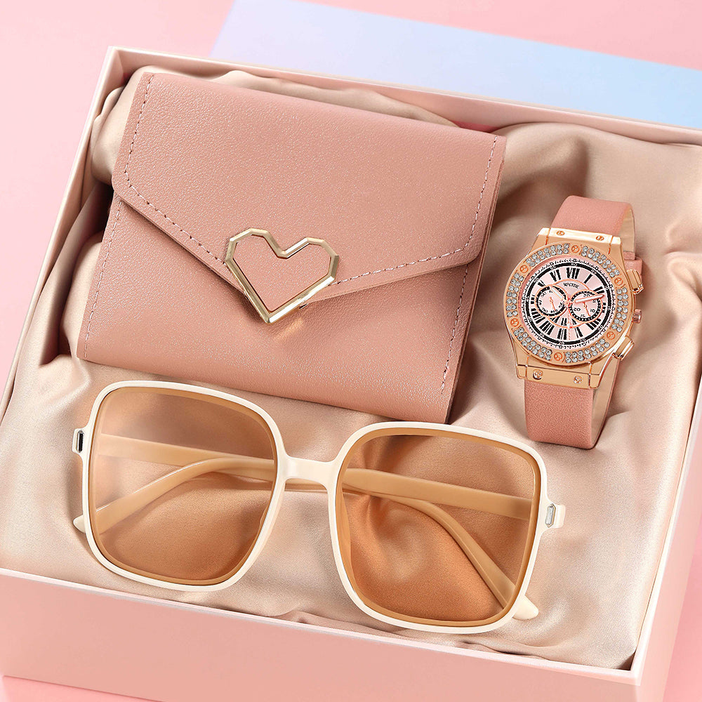 3PCS Set Women Casual Leather Watches Quartz Wristwatches & Ladies Heart Bow Wa image 1