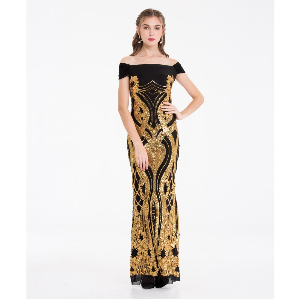 Angel-fashions Sparkling Gold Art-Deco Sequin Off Shoulder Cap Sleeve Formal image 5