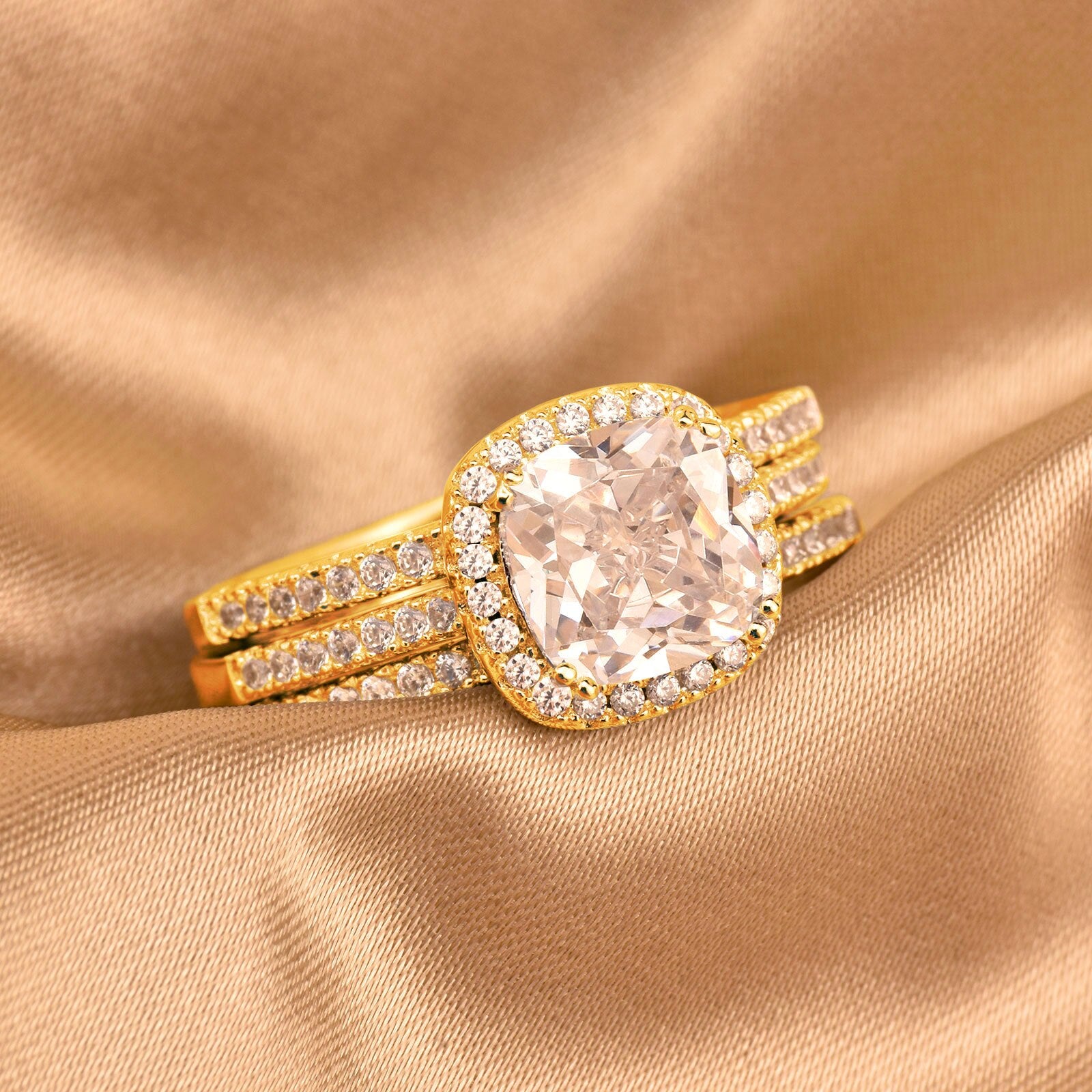 Newshe Rose Yellow Gold Halo Cushion AAAAA CZ Engagement Rings Set image 2