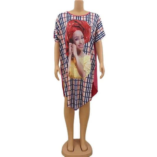 2024 Summer Short Sleeve Dresses For Women Plaid Head Printed O-collar Loose Ir image 0
