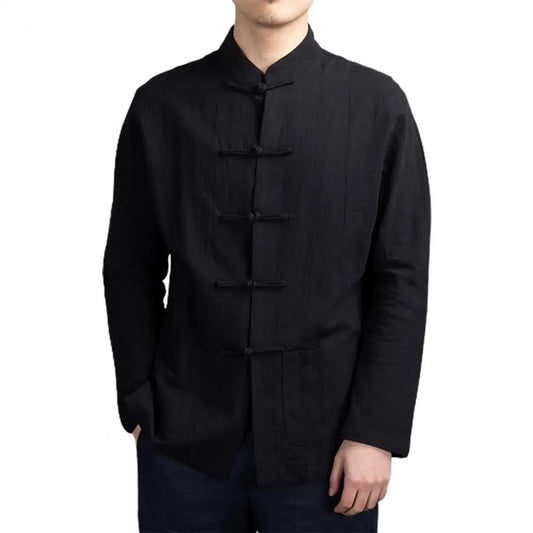 Men Autumn Chinese Style Shirt Top Mandarin Collar Long Sleeve Shirt Traditiona image 0