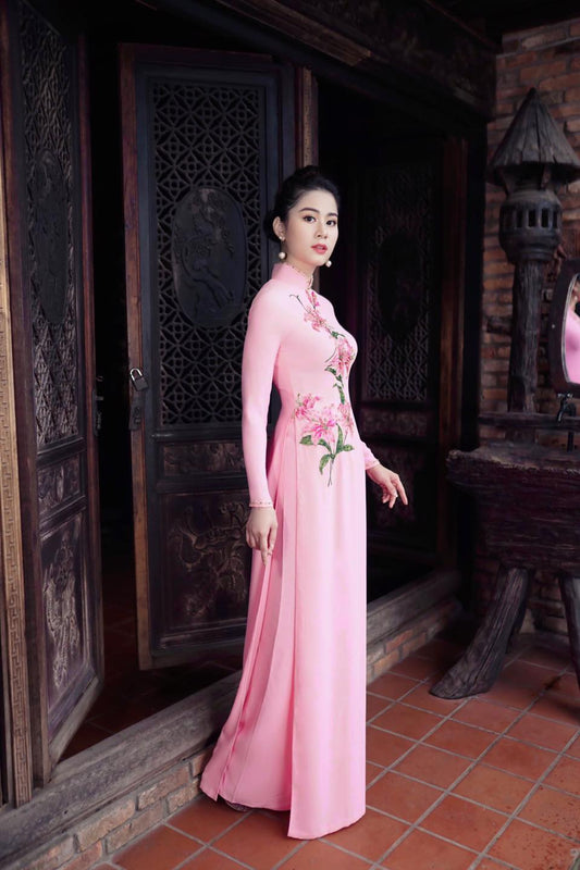 Customized  Pink Hand-paint Flower Women Aodai Vetnam Clothing Long Cheongsam A image 0