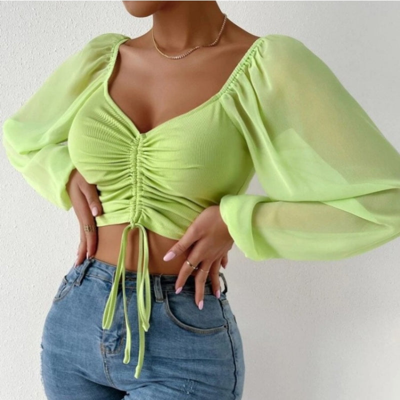 ALLUKASA Sexy Mesh Lantern Sleeves Drawstring Wrap Chest Bare Midriff T Shirt W image 8