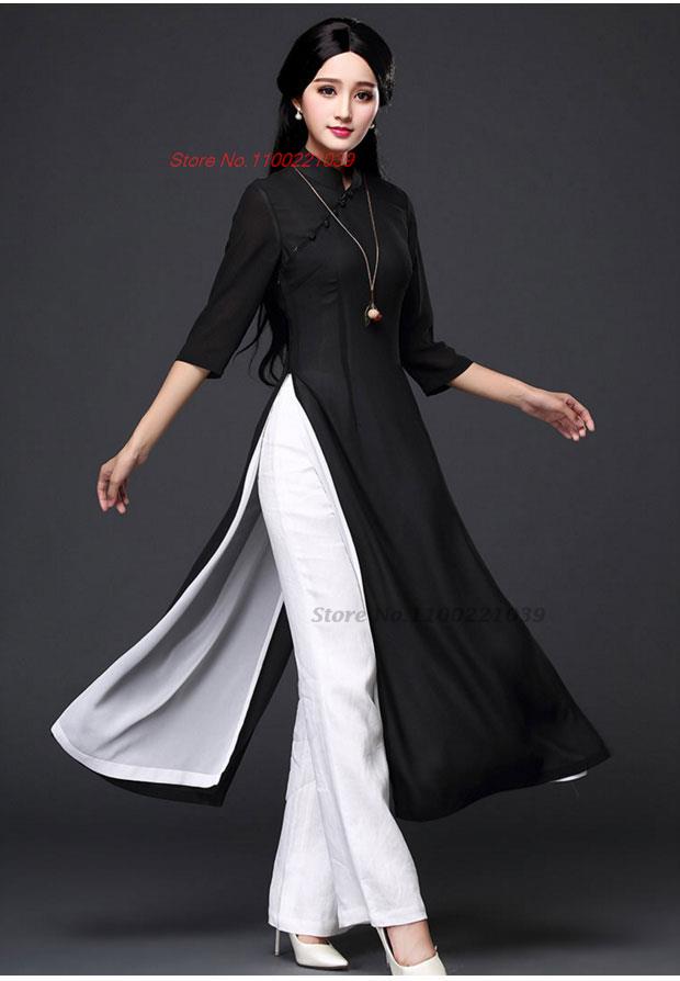 2024 traditional folk style aodai dress+pants set vietnam chiffon aodai elegant image 13