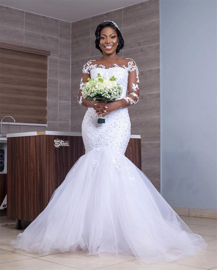 African Luxury Beading Mermaid Wedding Dress Long Sleeve Appliques Pearls Weddi image 3