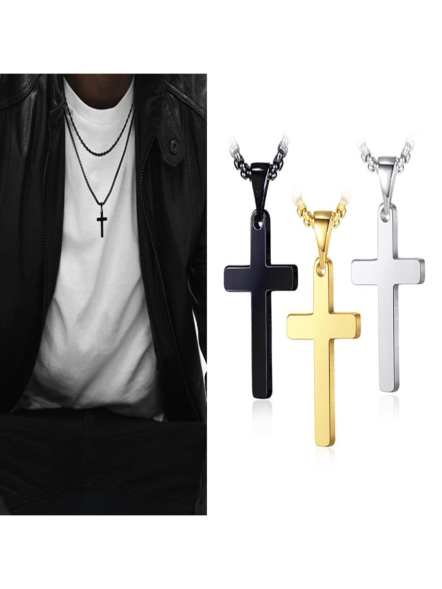 1pc Ursteel Men's Cross Necklace, Stainless Steel Silver/black/gold Layered Rop image 4