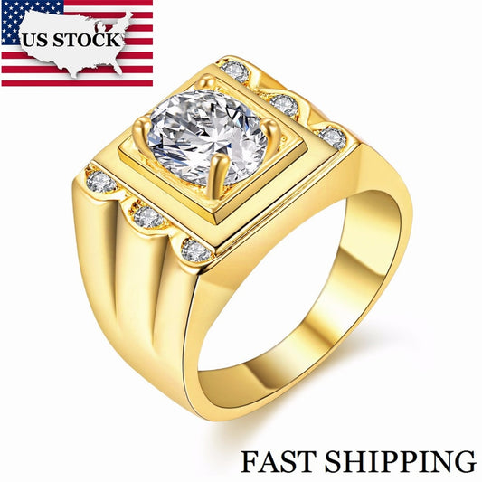 US STOCK New Gold Color Crystal Engagement Ring for Men Vintage Rings Gift image 0