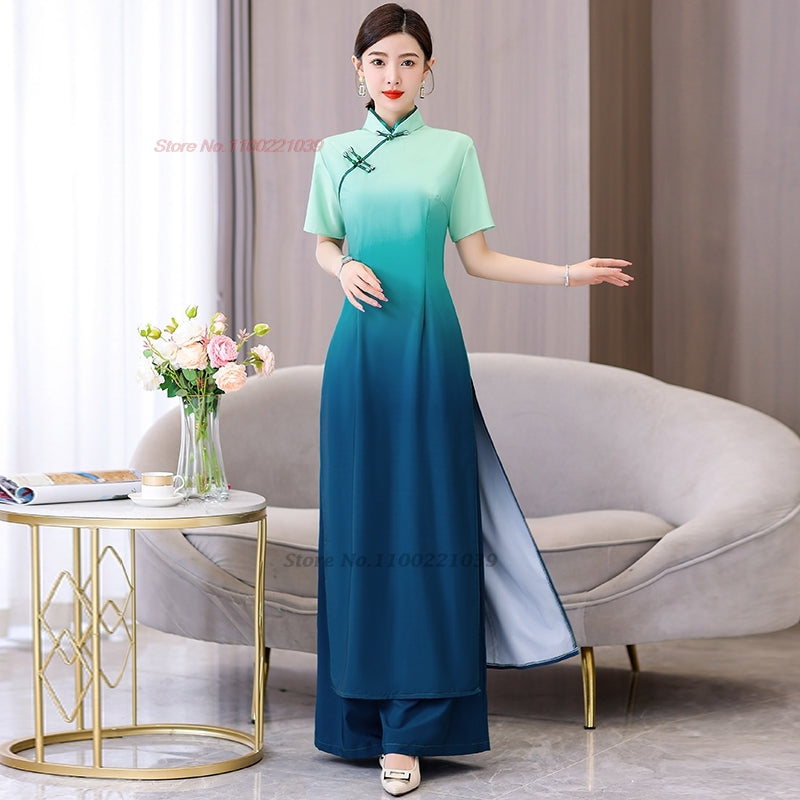 2024 vietnam aodai dress cheongsam national gradient color dress+pants set impr image 2