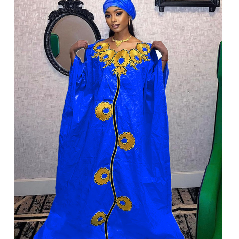 High Quality African Women Bazin Riche Dresses With Headscarf Embroid Stone Nig image 8