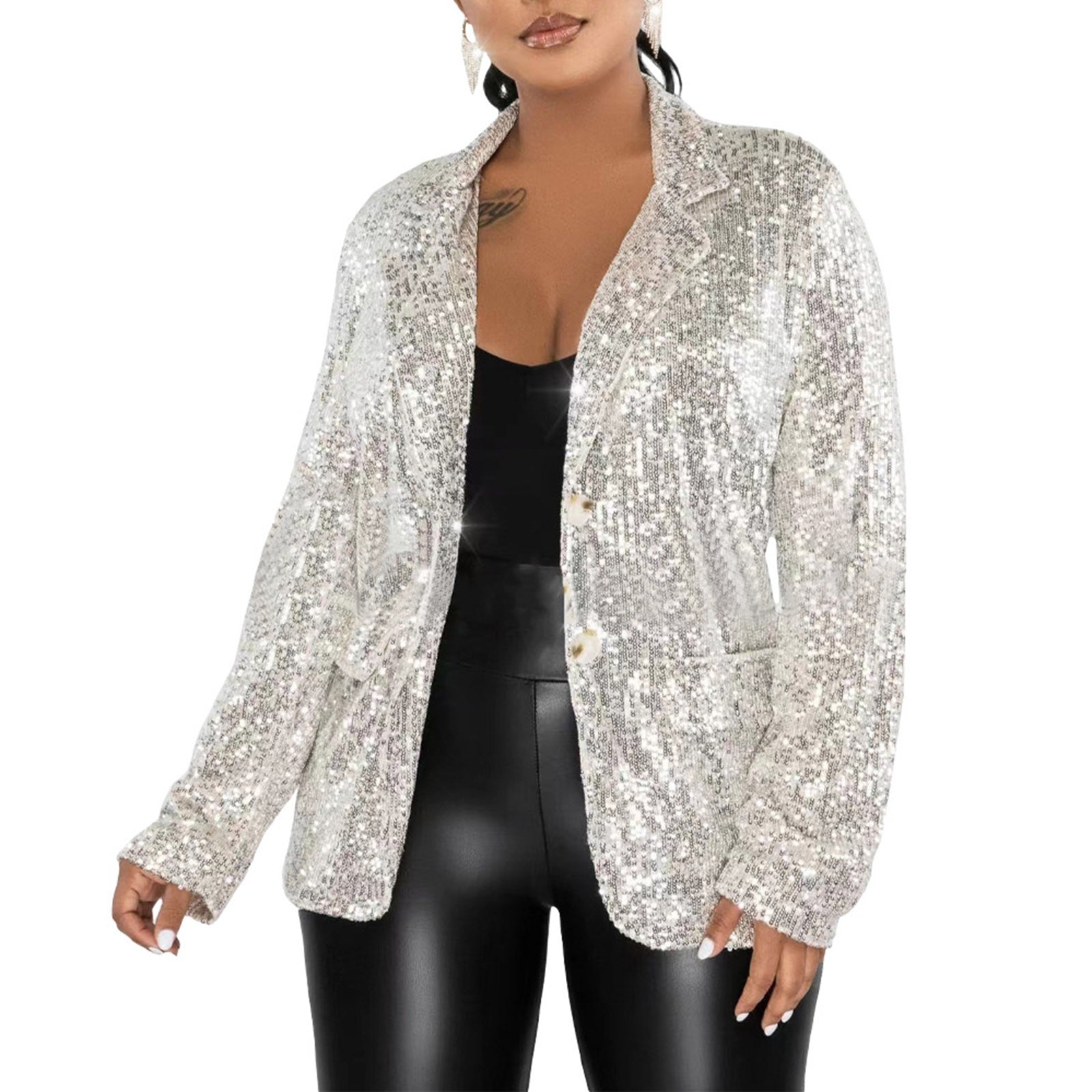 New Fashion Sequined Suit Jacket For Women Elegant Sequins Glitter Blazer Coat  image 2