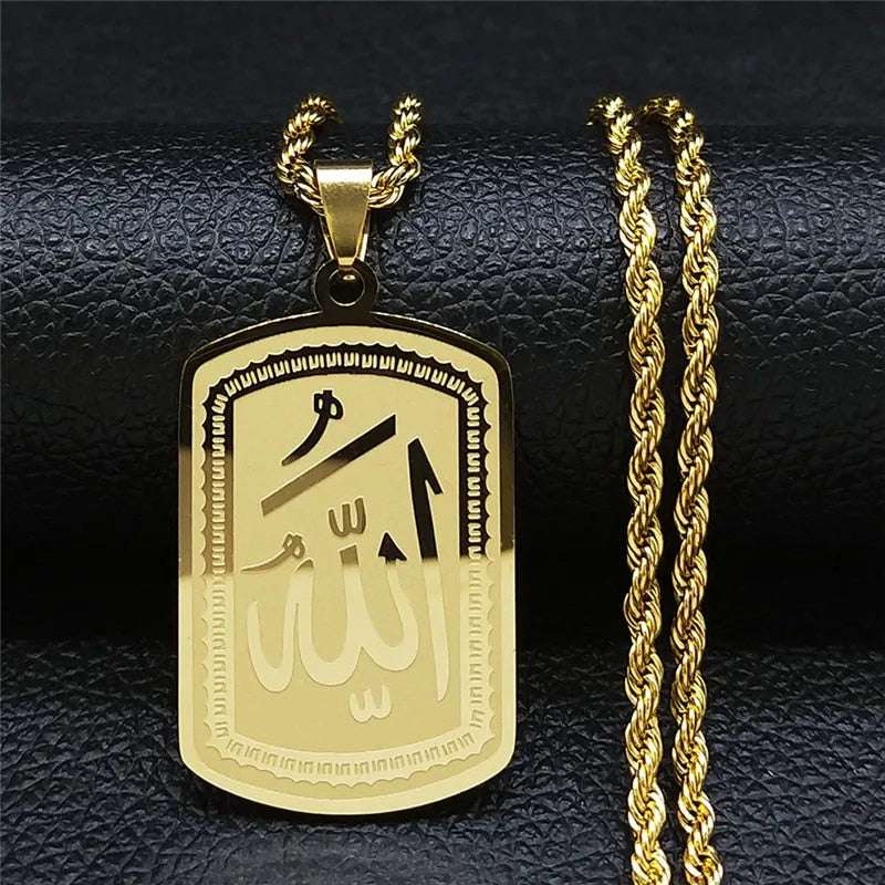 Muslim Islamic Quran Allah Stainless Steel Statement Necklace for Men Gold Colo image 11