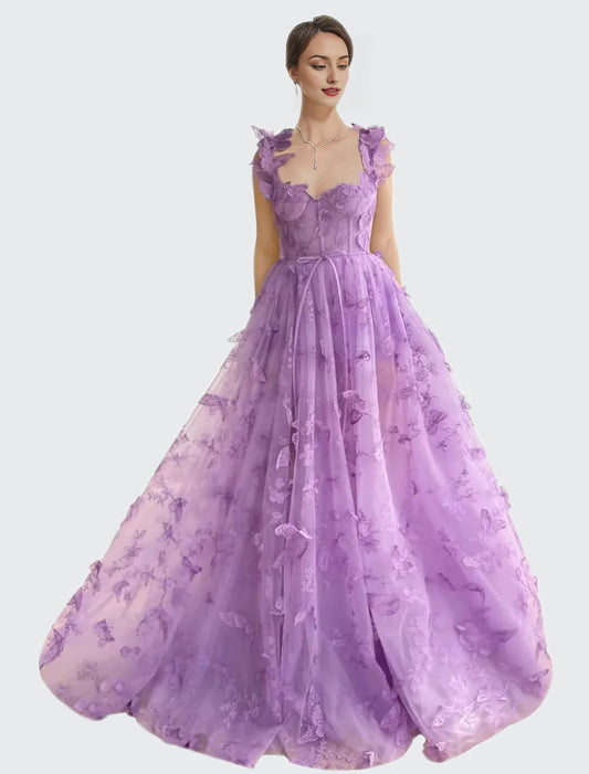 Women's 3D Butterfly Embroidered Homecoming Dress Lace Applique Tulle Prom Dres image 0