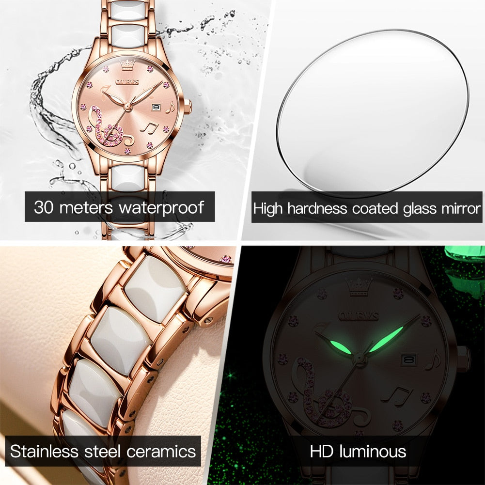 OLEVS Women Wrist Watches Rose Gold Elegant Ceramic Watchstrap Ladies image 9