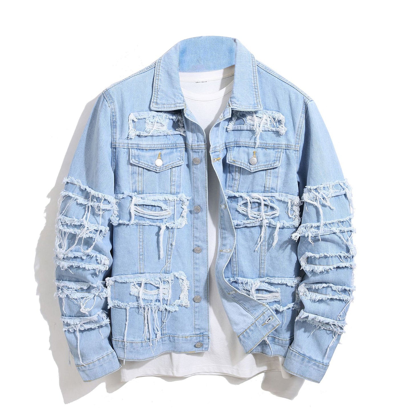 Men's Gothic punk Distressed Trucker Casual Denim Jacket Outerwear Loose Fit St image 1
