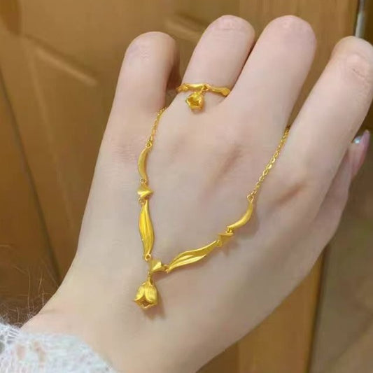 Elegant Real 14 K Gold Color Linglan Flower Necklace Pendant Set Chain for Wome image 0