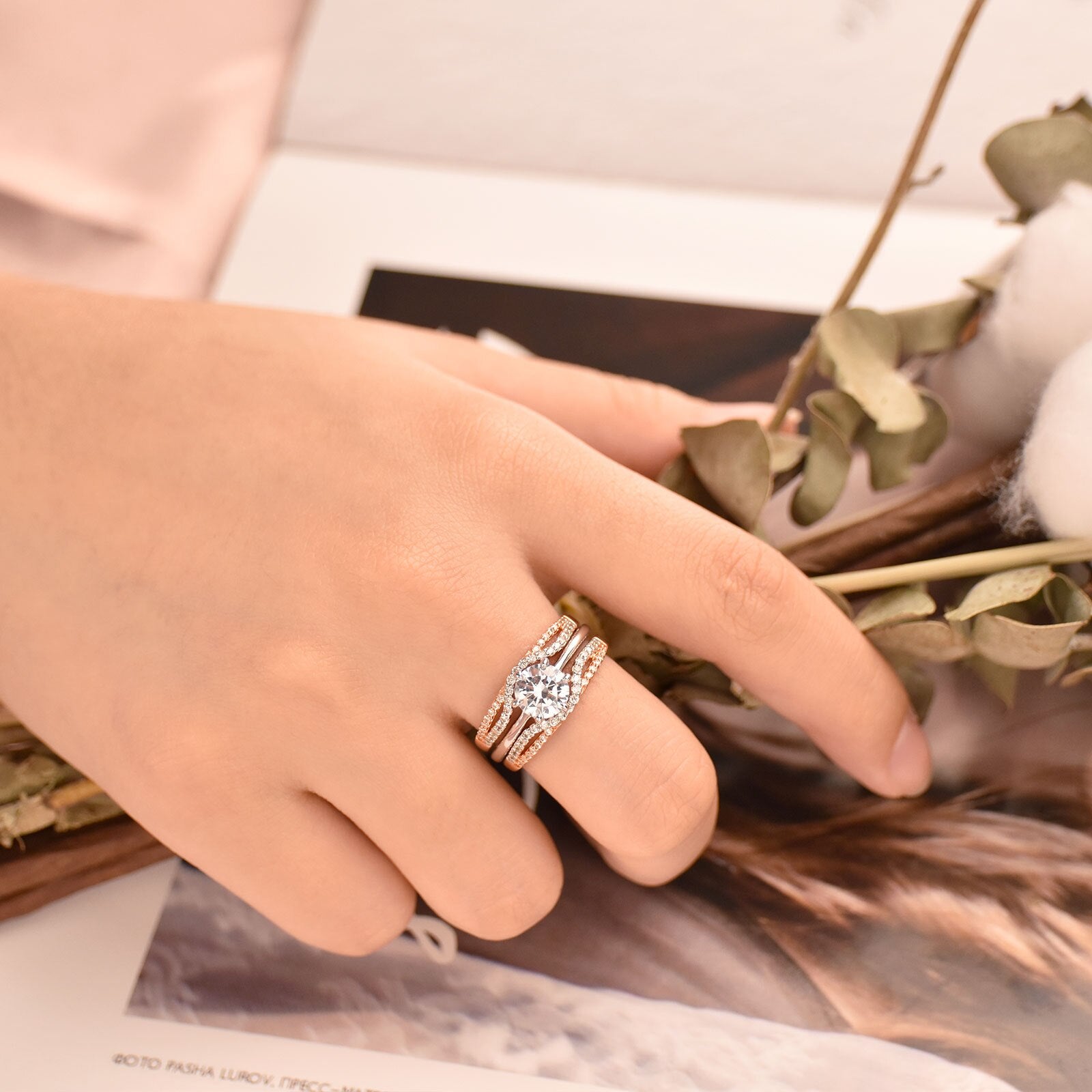 Newshe Yellow Gold Color 925 Silver Solitaire Brilliant Round Engagement Rings image 5