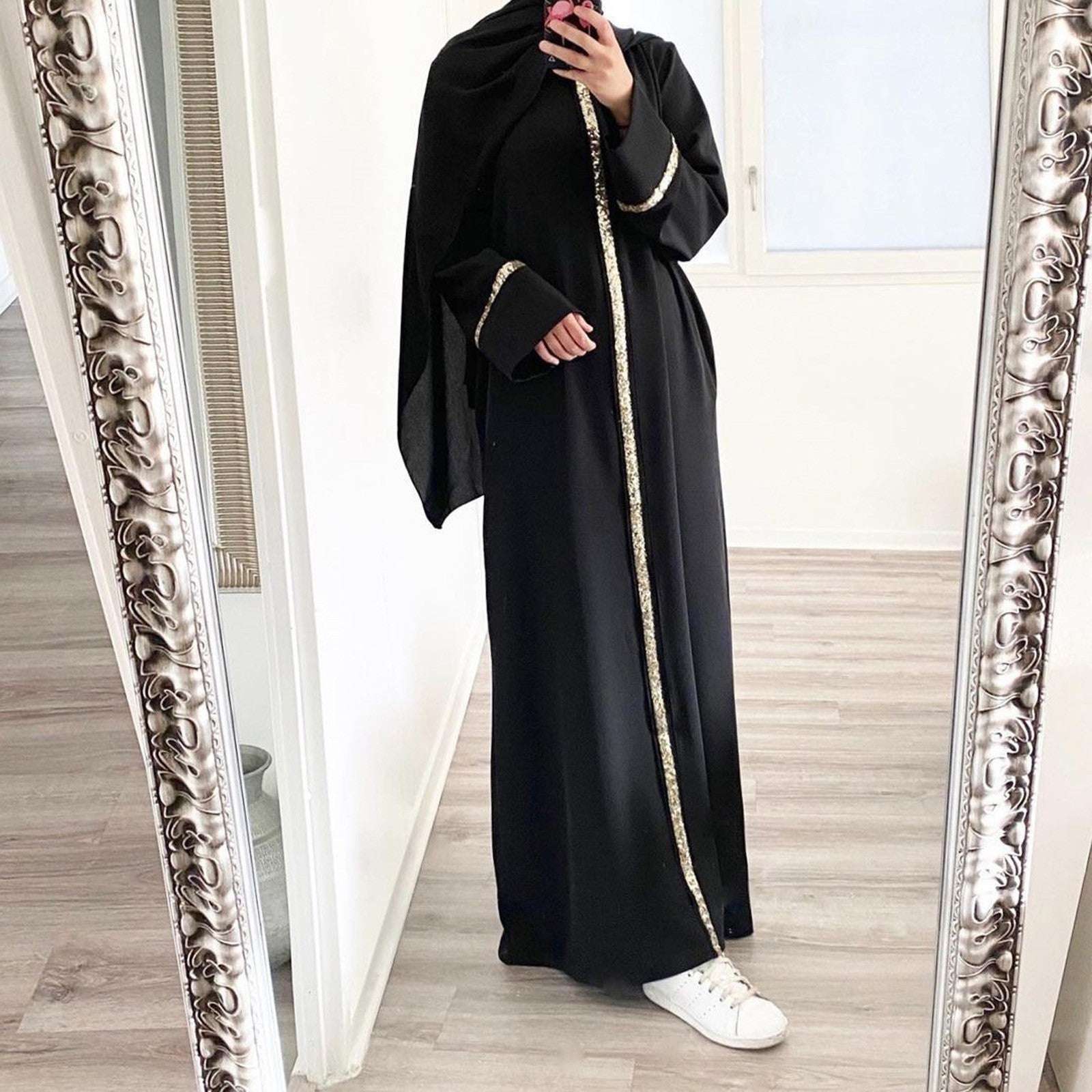 Muslim Robe Fashion Splicing Panelled Sequins Dress Solid Color Chiffon Dress F image 1
