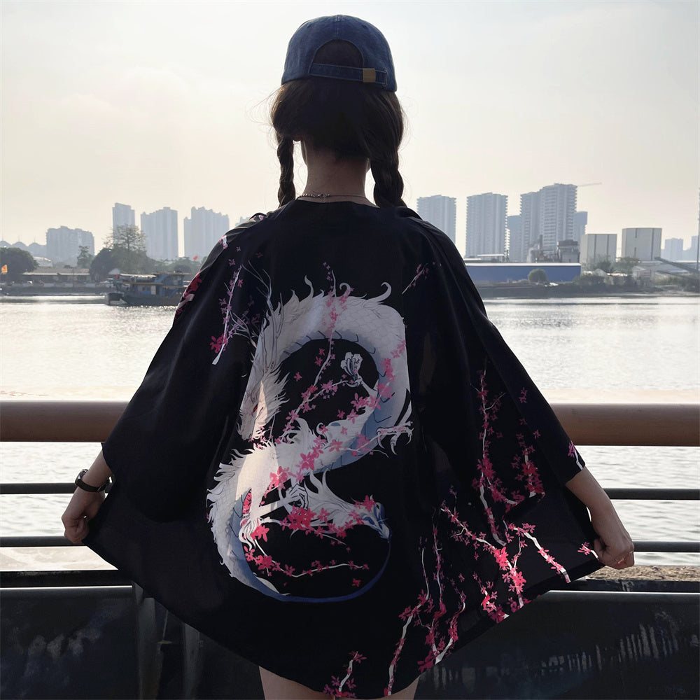 Anime Dragon Print Black Traditional Kimono Belt Summer Sale Beach Cardigan Yuk image 0