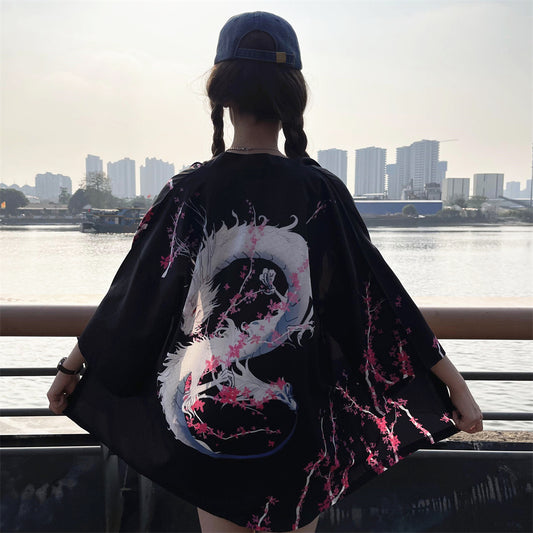 Anime Dragon Print Black Traditional Kimono Belt Summer Sale Beach Cardigan Yuk image 0