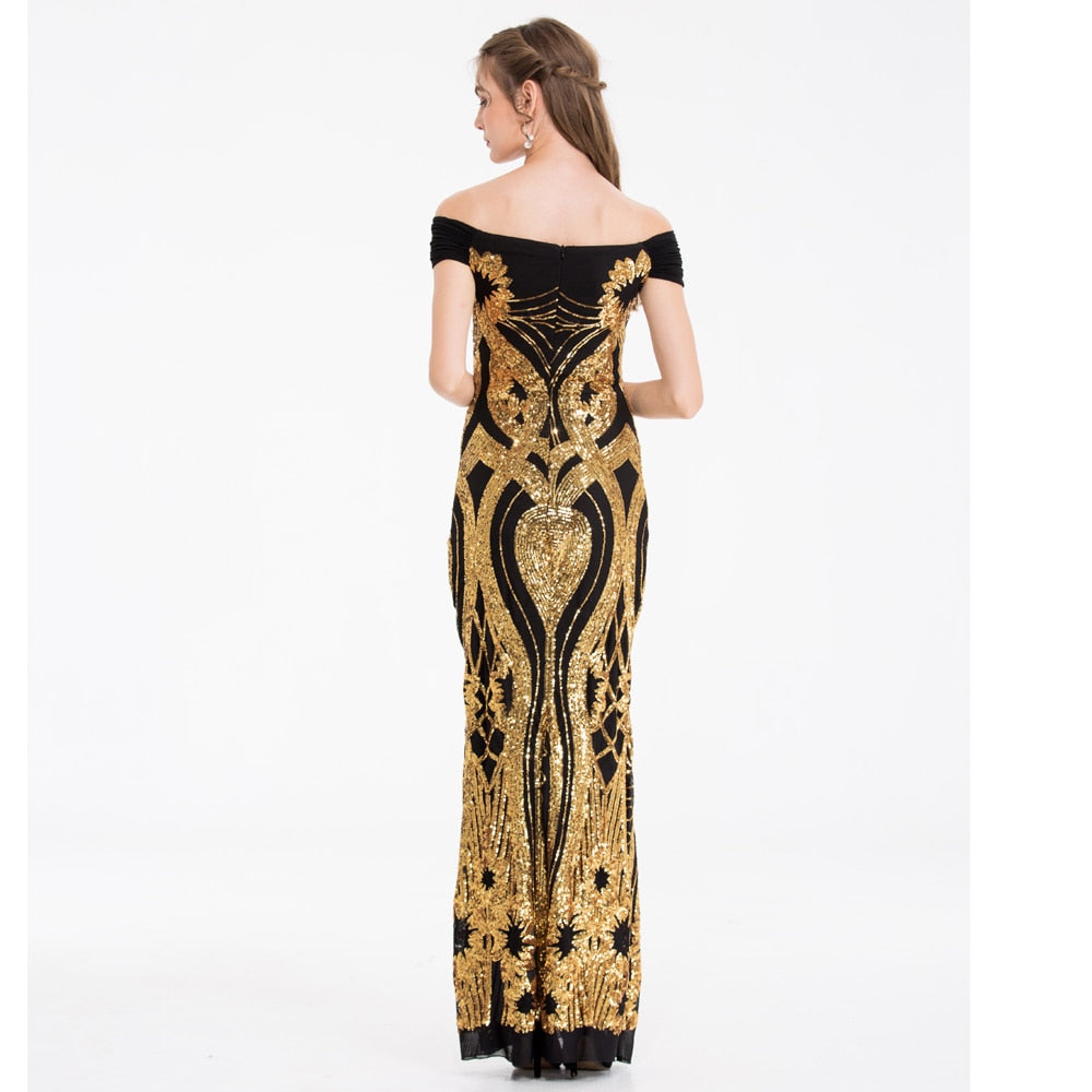 Angel-fashions Sparkling Gold Art-Deco Sequin Off Shoulder Cap Sleeve Formal Ev image 5