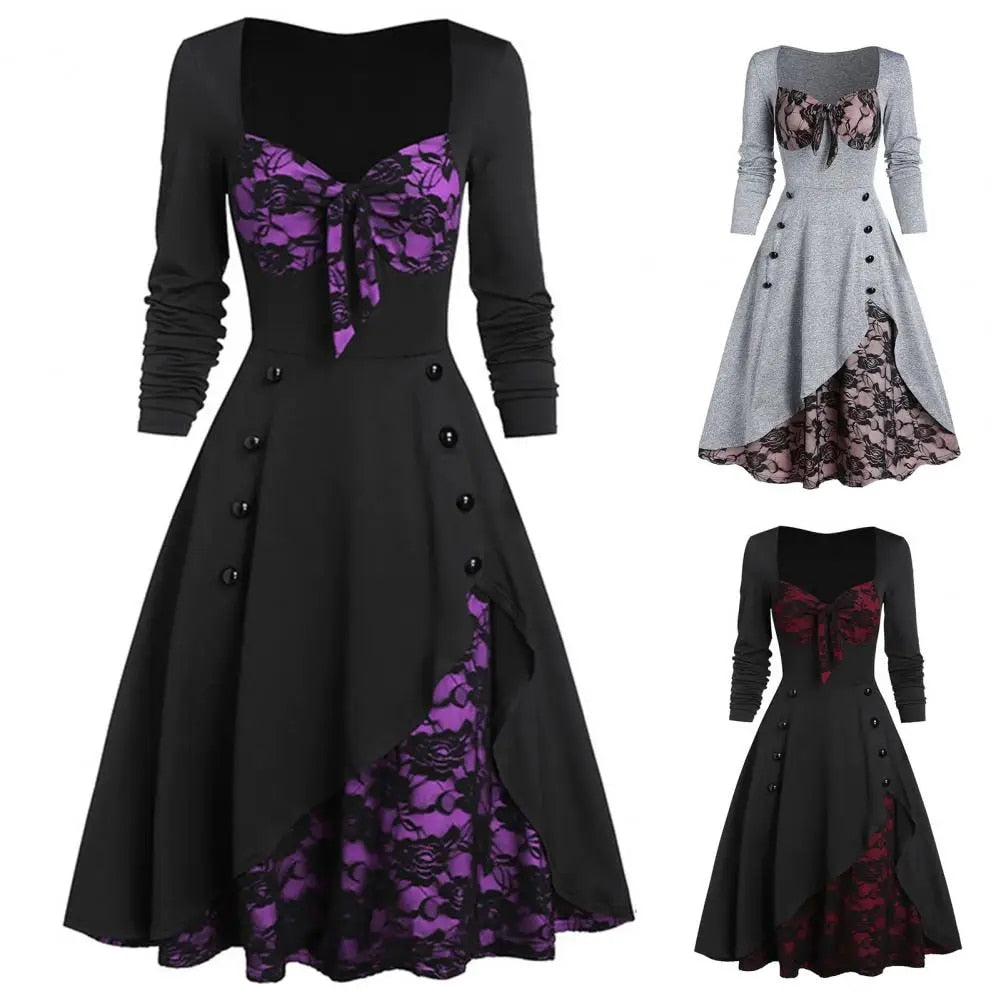 Women Lace Dresses Stitching Plus Size Long Sleeve Classical Retro Style Winter image 1