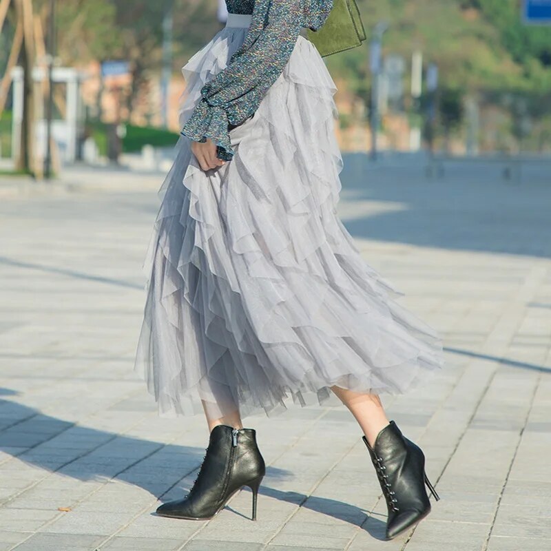 Tutu Tulle Long Maxi Skirt Women Fashion Korean Cute Pink High Waist Pleated Sk image 9