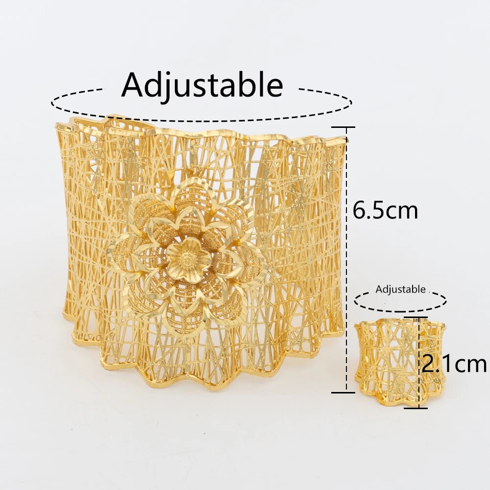 Dubai Cuff Bangle with Ring For Women 18k Gold Plated Copper Bracelet Jewelry N image 6