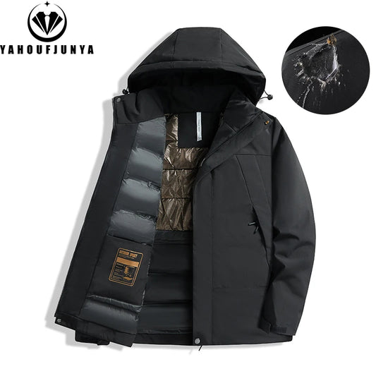 2024 Winter Men Fleece Warm Solid Zipper Detachable Hooded Parka Jacket Men Out image 0