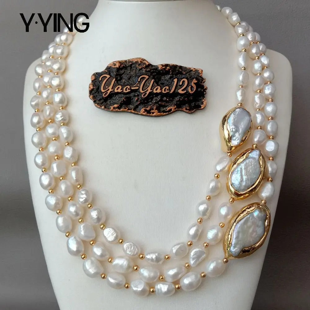 Y·YING 20" 3 rows Cultured Baroque Pearl Necklace Keshi Pearl Gold color Plated image 1