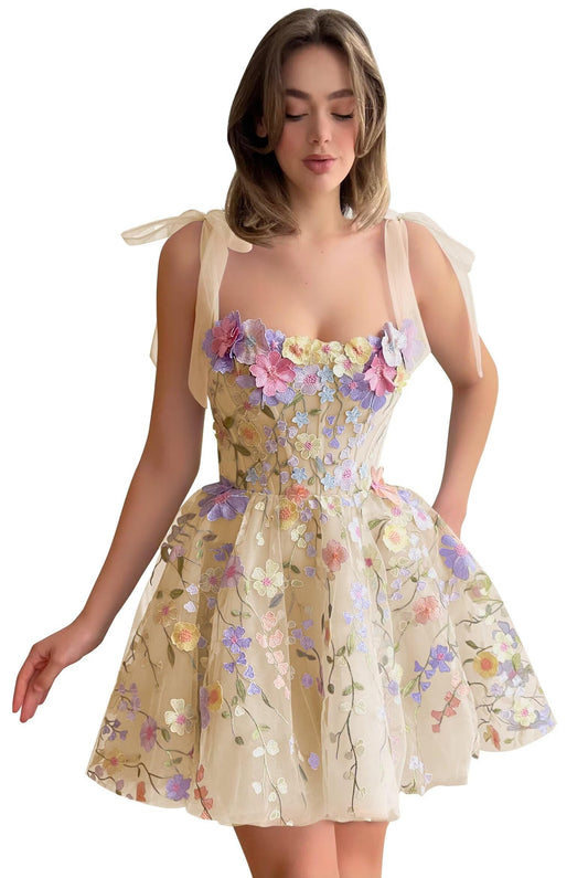 Cute A-line 3D Floral Tulle Homecoming Dresses Mini Sleeveless Backless Prom Dr image 0