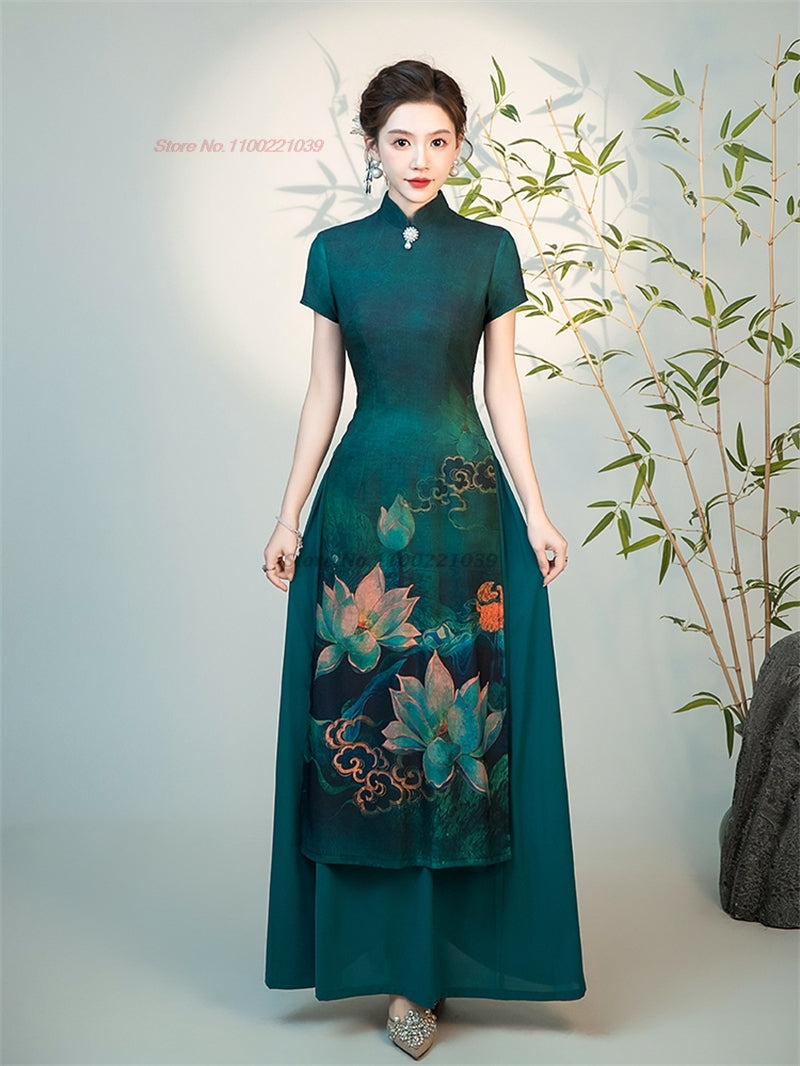 2024 vietnam traditional ao dai dress national flower print improved cheongsam  image 4