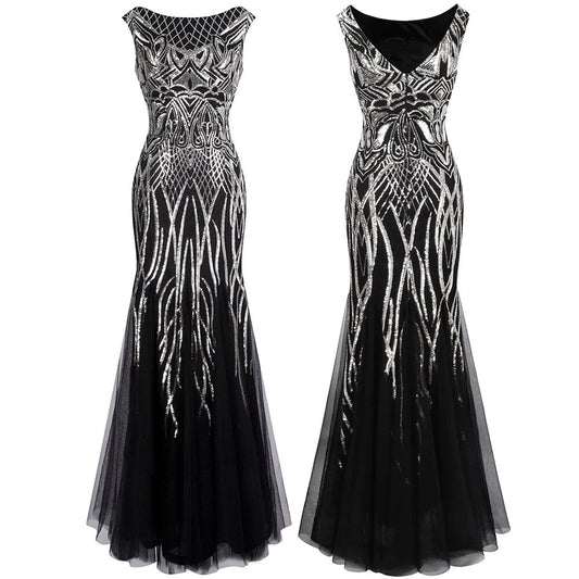 Angel-fashions Bateau Boat Neck Vintage Golden Sequin Ball Gown Long Prom image 0