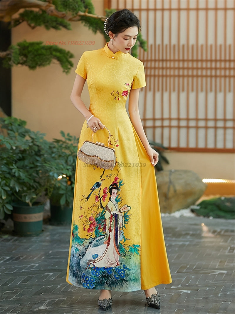2024 vietnamese aodai improved cheongsam dress qipao national flower print qipa image 3