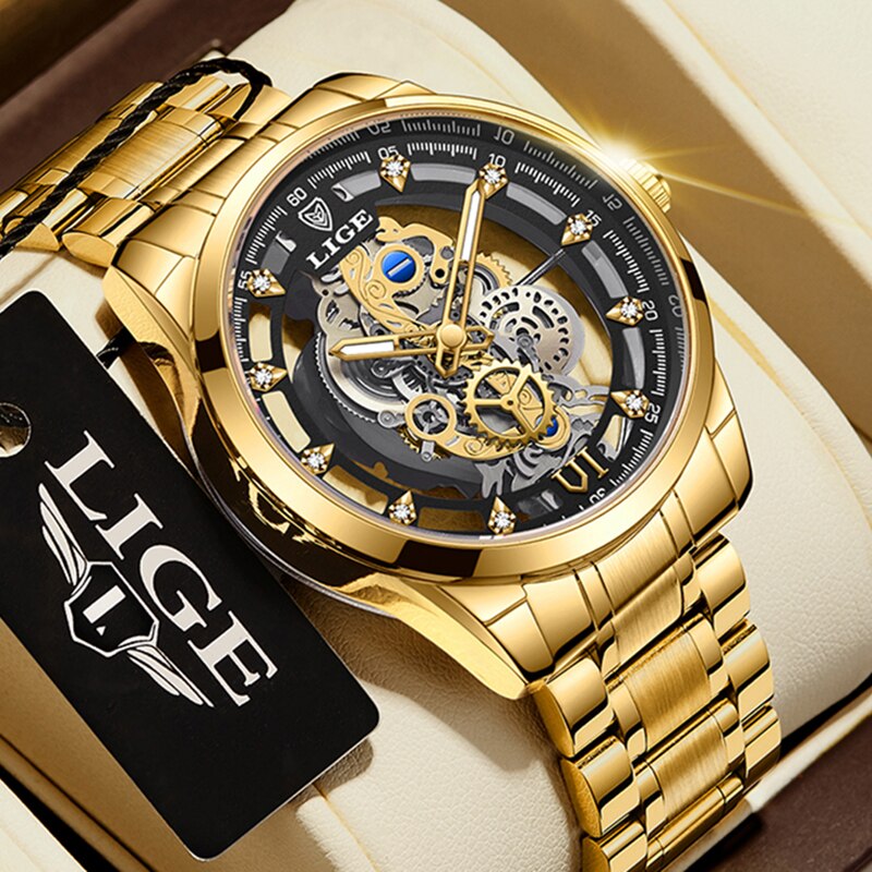 New Men Watch Skeleton Quartz Wristwatch Gold Skeleton Retro Man Watch Top Bran image 1