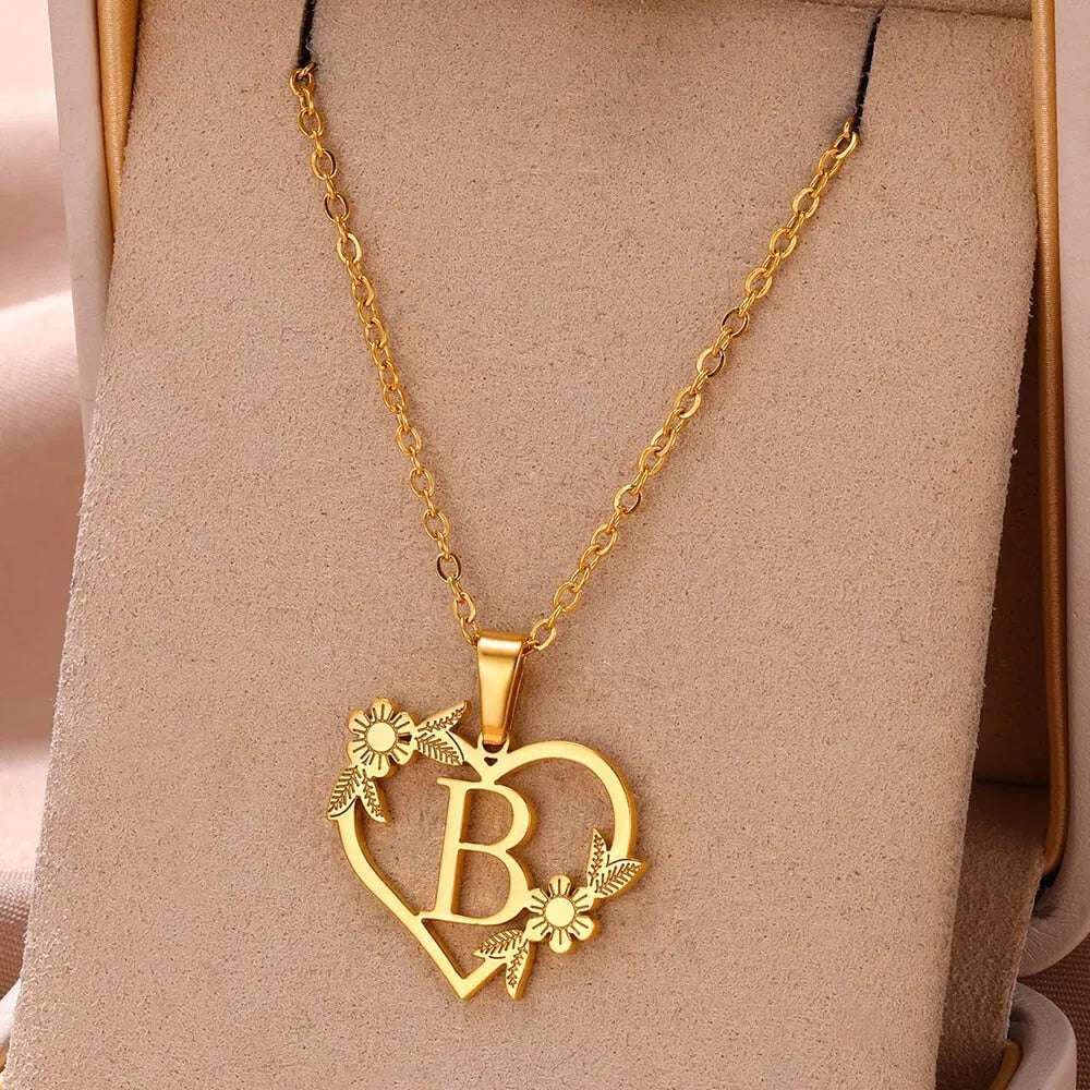 Gold Color Dainty Flower Initials Necklace Women Girl Stainless Steel Heart Let image 1
