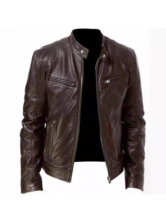 Men's Fashion PU Leather Jacket Classic Zip-Up Faux Leather Coat image 0