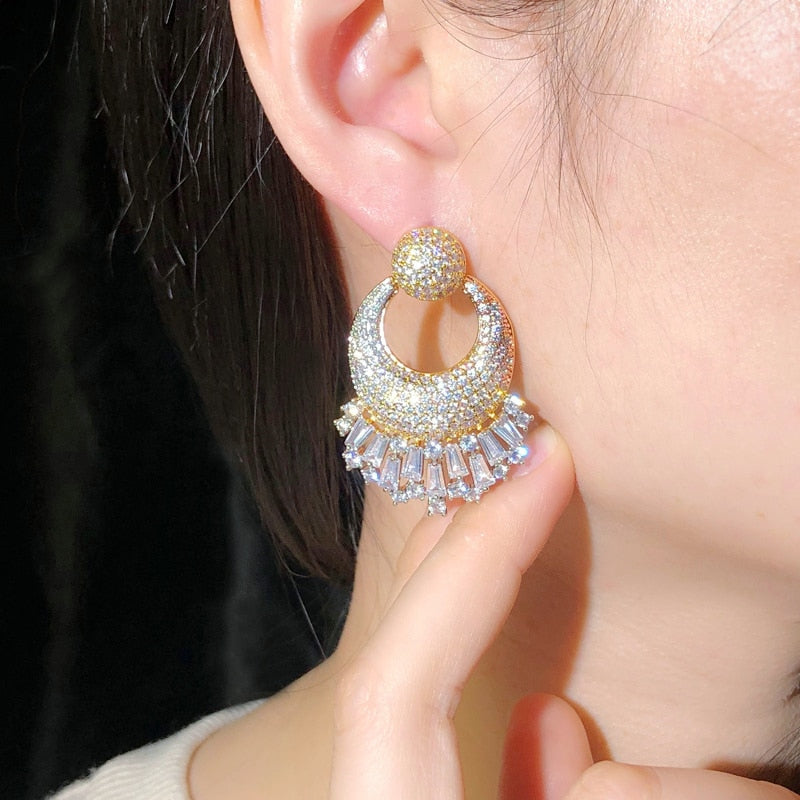 CWWZircons Nigerian Wedding 3 Tone Gold Plated Big Drop Earrings Shiny CZ Micro image 5