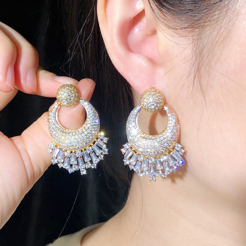 CWWZircons Nigerian Wedding 3 Tone Gold Plated Big Drop Earrings Shiny CZ Micro image 4