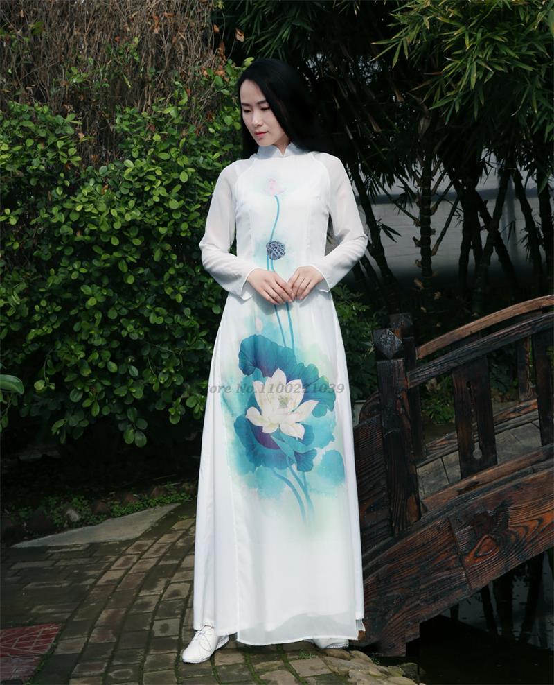 2024 aodai vietnam cheongsam qipao dress+pants set flower print vietnamese vint image 2