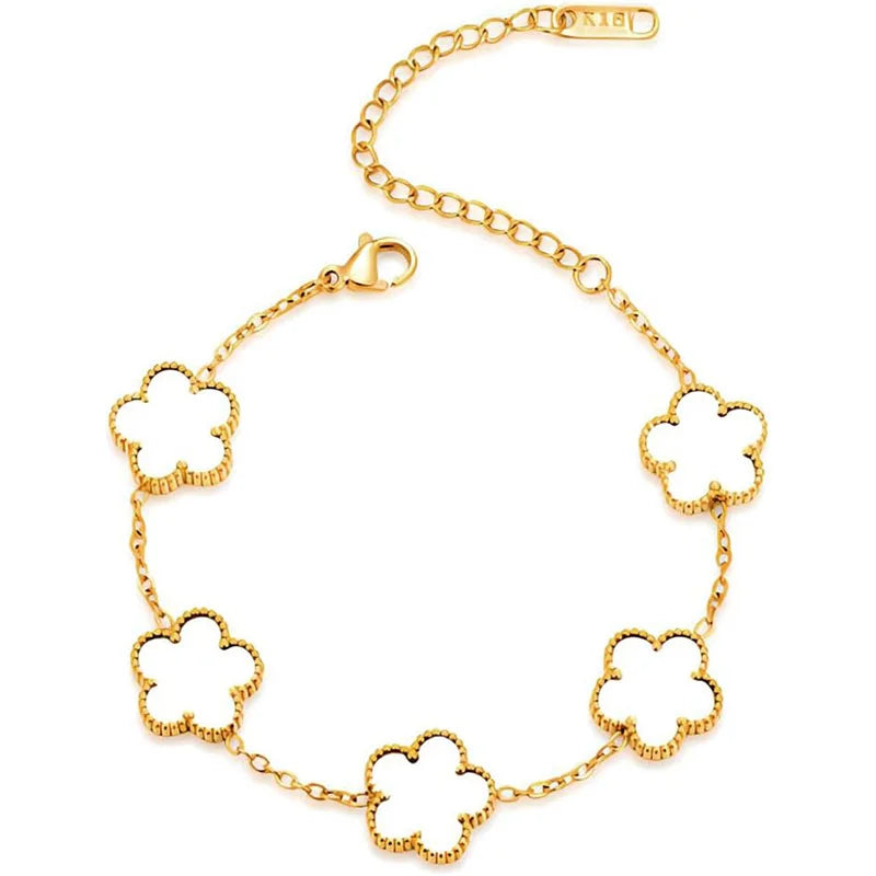 14K Gold Plated Five-leaf Clover Link Bracelets White Black Blue Gold Red Green image 28
