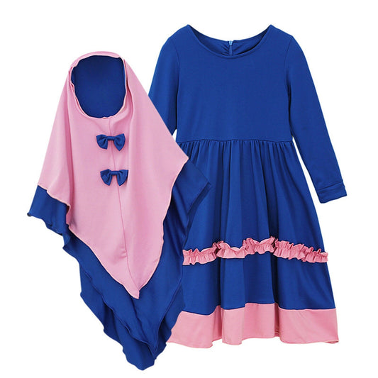 Muslim 2 Pieces Set Girls Princess Dress Kids Abaya Hijab Islamic Children Pray image 0