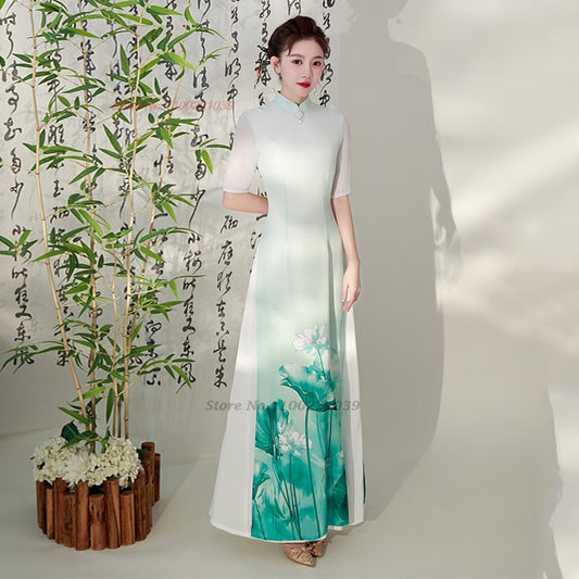 2024 vietnam aodai dress traditional chinese vintage qipao dress women flower p image 0