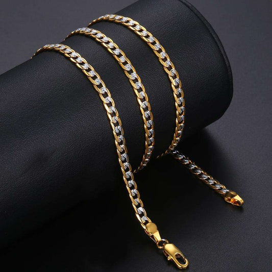 4mm Flat Hammered Curb Cuban Necklace Bracelet Set Gold Color Mix Silver Color image 0